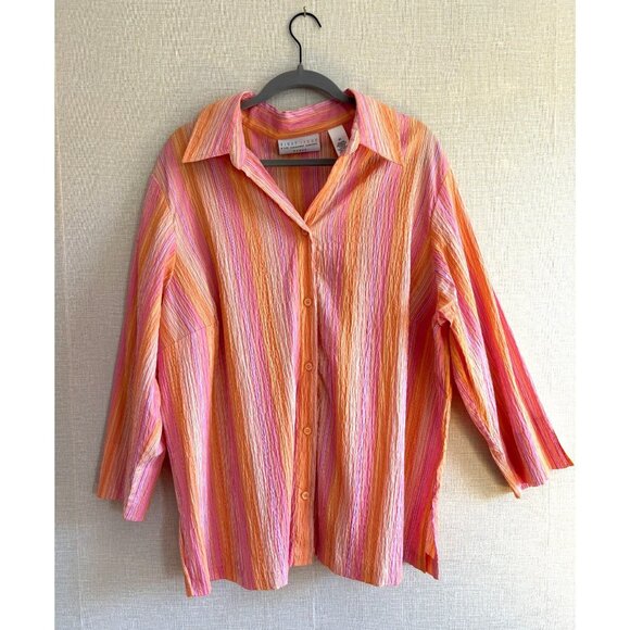 First Issue Liz Claiborne Pink Orange Striped Button-Up Cotton Blend Shirt 3X - Picture 1 of 5